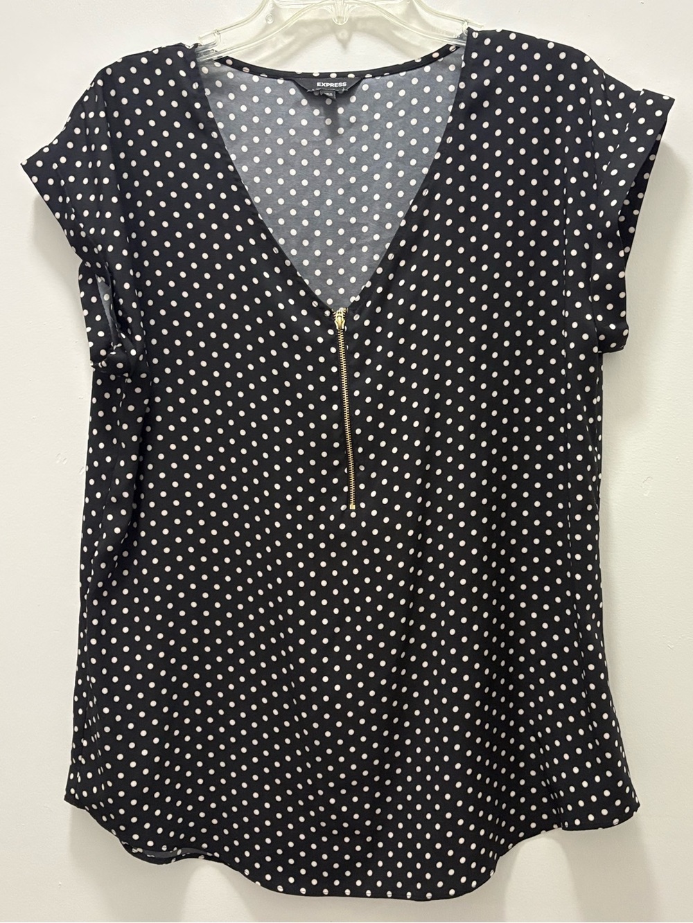 Express Black Polka Dot V-Neck Top with Gold Zip